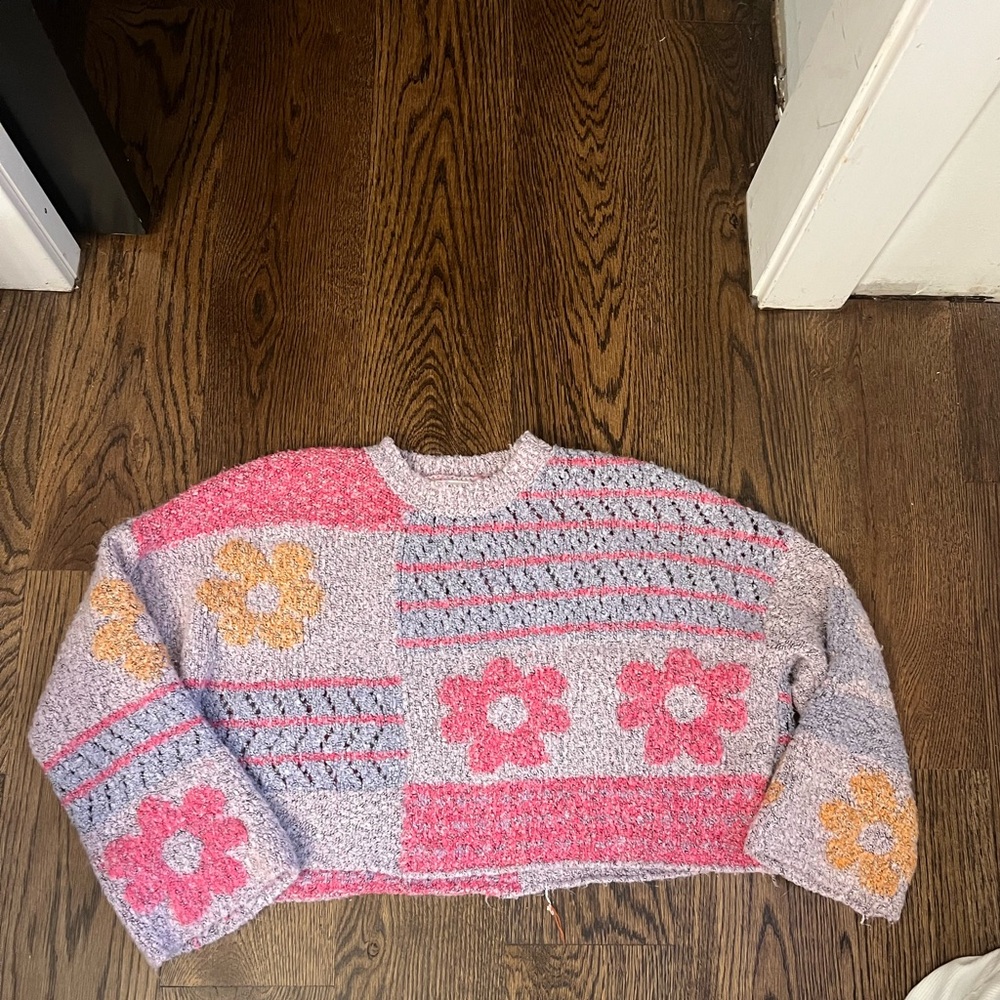 moon & madison Floral Patchwork Sweater - Pink, Orange, and Purple